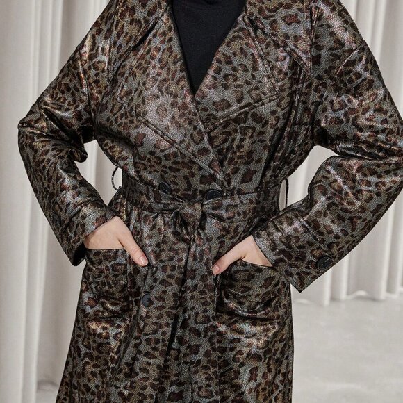 Multicolor Elegant Women's Leopard Print Faux Leather Trench coat / Jacket - Picture 3 of 8
